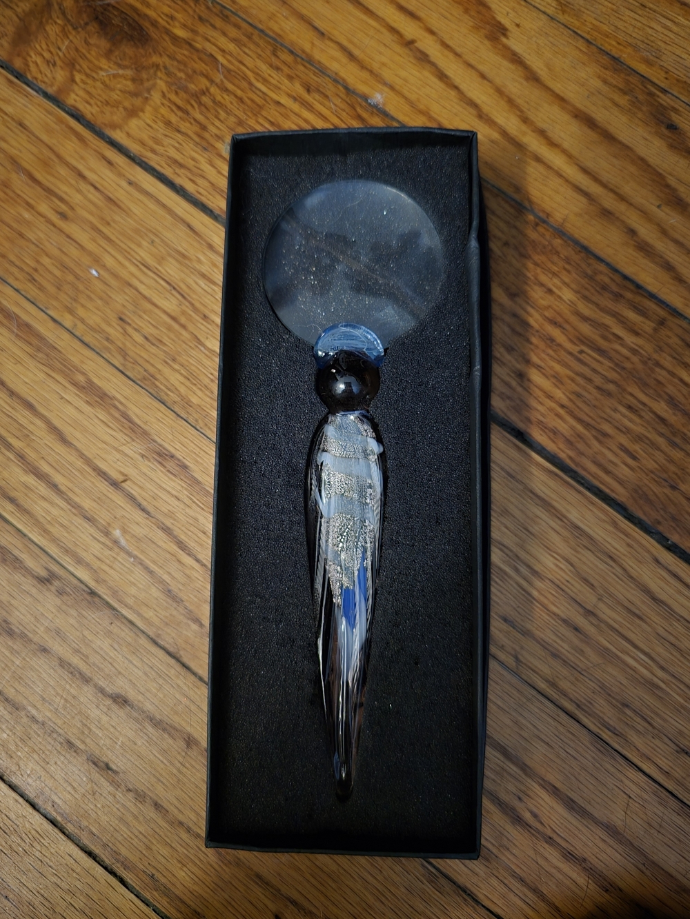 Handblown Glass Magnifying Paperweight - Blue and Black